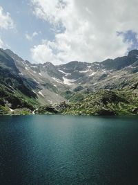 Scenic view of lake and mountains against sky