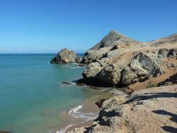 Scenic view of sea against clear blue sky