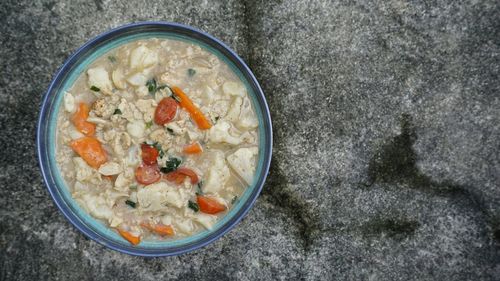 Directly above shot of soup in bowl