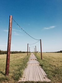 Wooden posts on field against clear sky