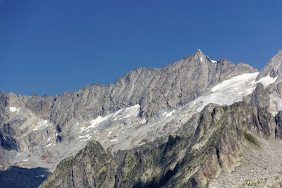 Scenic view of mountains against clear blue sky