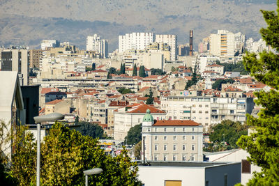 High angle view of buildings in city