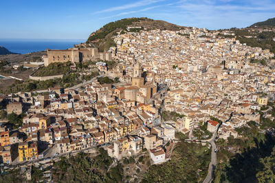 High angle view of townscape against sky
