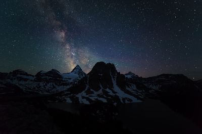 Scenic view of mountains against sky at night