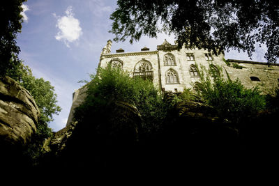 Low angle view of trees and building against sky