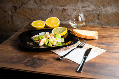 High angle view of breakfast on table