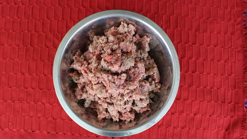 Directly above shot of meat in bowl