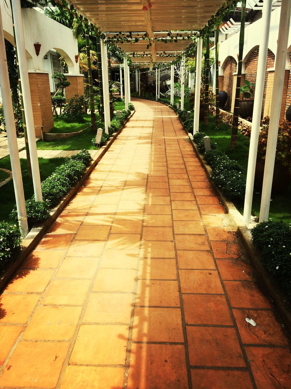 architecture, built structure, the way forward, diminishing perspective, architectural column, indoors, in a row, sunlight, vanishing point, tiled floor, column, corridor, empty, flooring, walkway, building exterior, absence, colonnade, no people, footpath