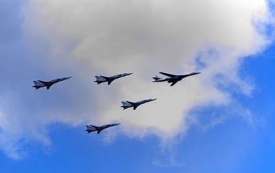 Low angle view of seagulls flying in sky