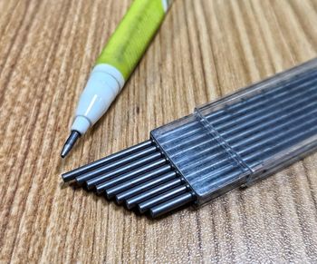 High angle view of pen on table