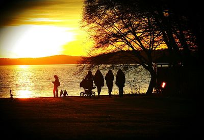 Silhouette of people in water at sunset