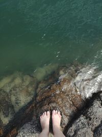 Low section of person on rock by sea