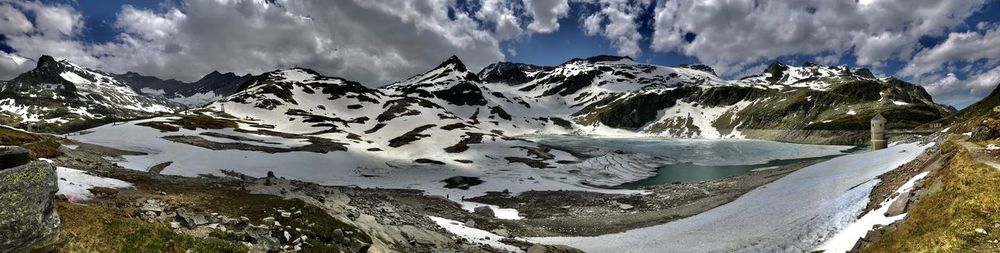 Panoramic view of snowcapped mountains against sky