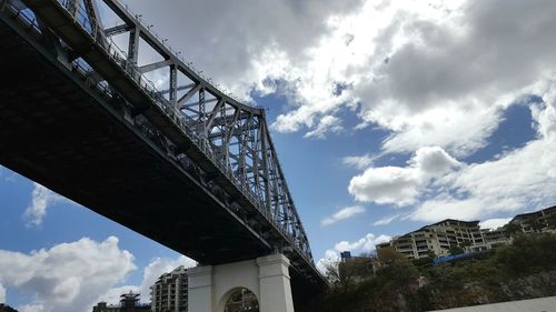 Low angle view of suspension bridge against cloudy sky