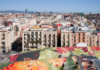 High angle view of townscape against clear sky