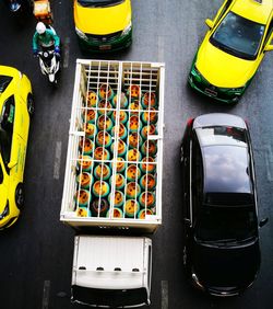 High angle view of spices in bus