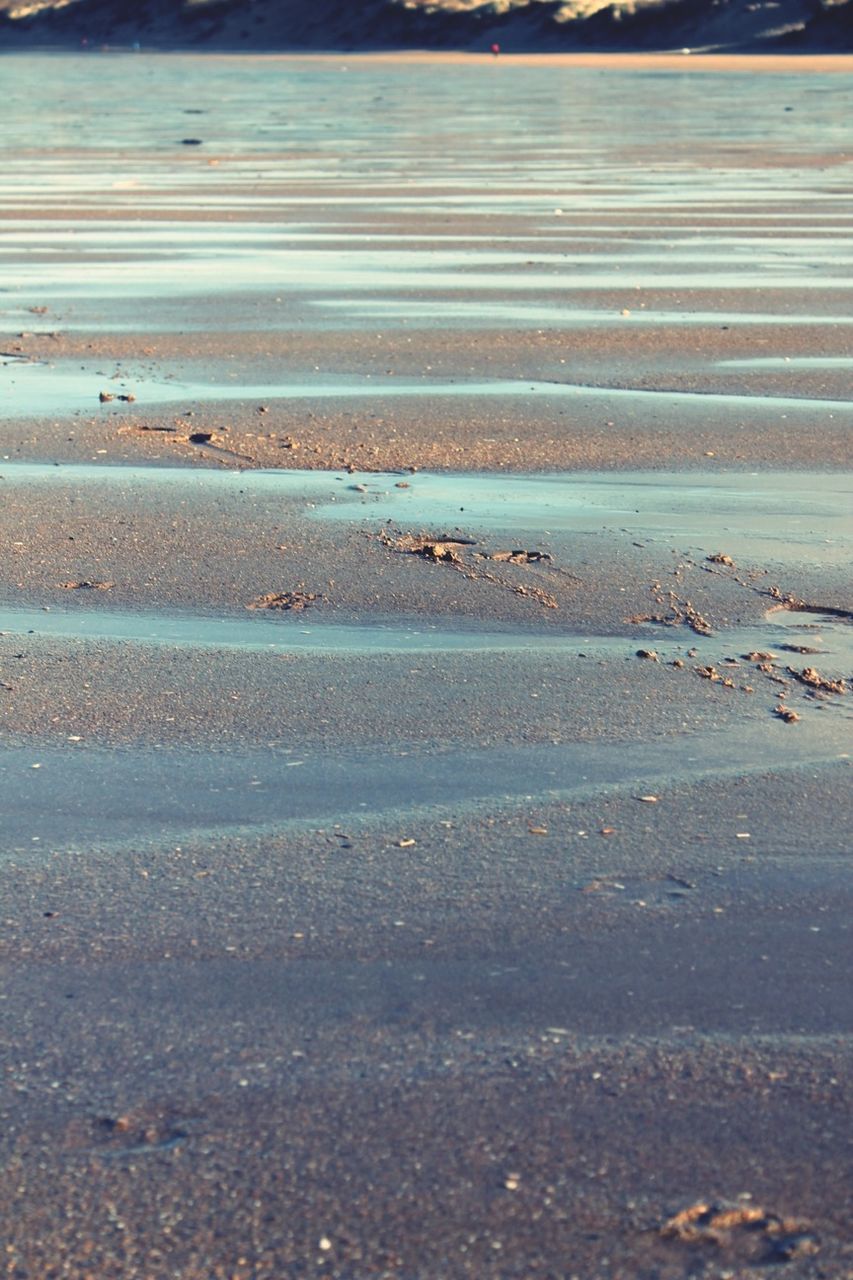 beach, sand, water, shore, surface level, sea, nature, wet, outdoors, no people, high angle view, day, tranquility, wood - material, sunlight, street, selective focus, beauty in nature, textured, close-up