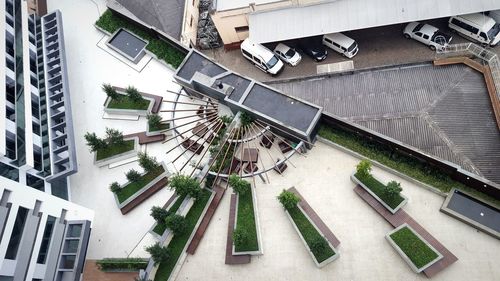 High angle view of modern building in city