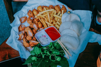 Close-up high angle view of fast food on table