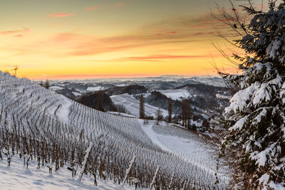 Scenic view of snow covered field against sky during sunset