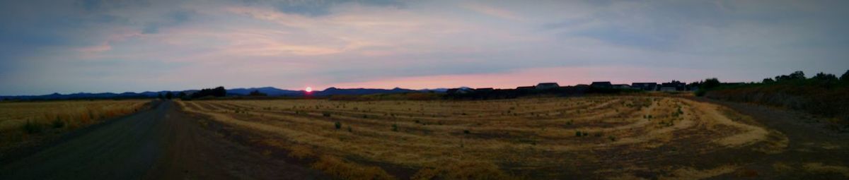 Panoramic view of agricultural field against sky during sunset