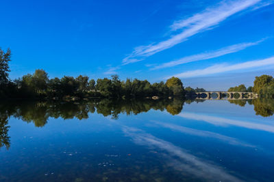 Scenic view of lake against blue sky