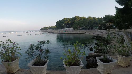 Scenic view of bay against clear sky