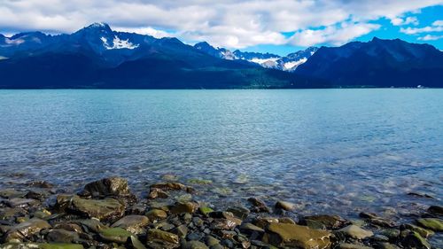 Scenic view of lake and mountains against sky