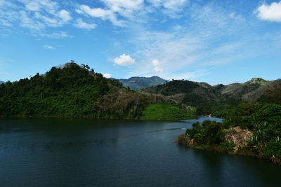 Scenic view of lake and mountains against sky