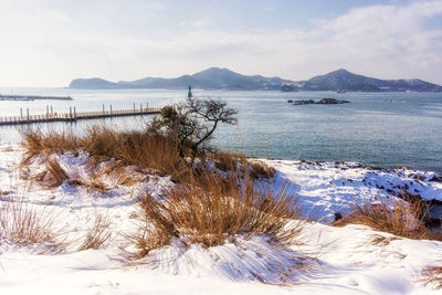 Scenic view of sea against sky during winter