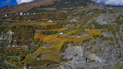 High angle view of landscape and mountains