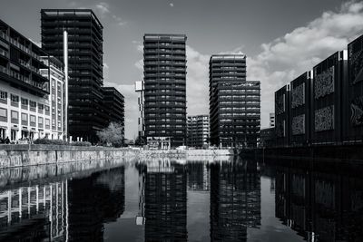 Reflection of buildings in lake against sky in city