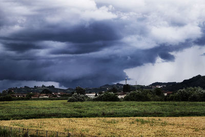 Scenic view of field against cloudy sky