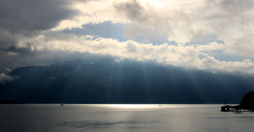 Scenic view of lake by mountains against sky