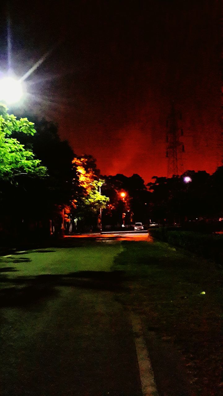 night, illuminated, tree, street light, sky, grass, lighting equipment, road, street, tranquility, outdoors, park - man made space, tranquil scene, nature, growth, green color, scenics, beauty in nature, no people, building exterior