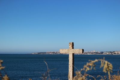 Scenic view of sea against clear blue sky