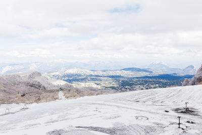 Scenic view of snow covered mountains against sky