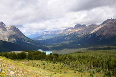 Scenic view of mountains against cloudy sky