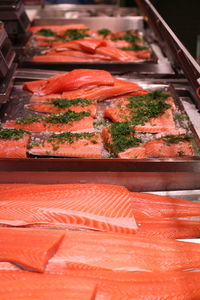 High angle view of fresh salmon at hakaniemi market hall