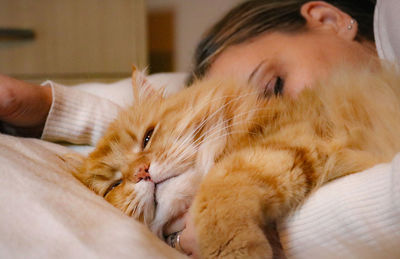 Close-up of woman with cat relaxing on bed at home