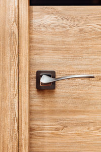 Modern metal door handle in a wooden interior door