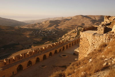 High angle view of old fort at desert