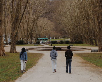 Rear view of friends walking on footpath in park