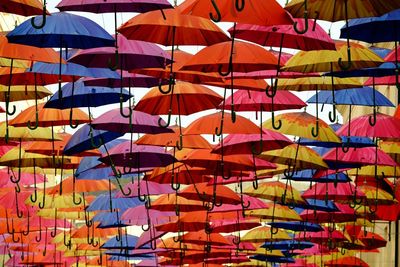Umbrellas in an art installation above a street