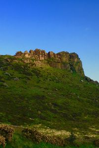 Low angle view of rock formation against clear sky