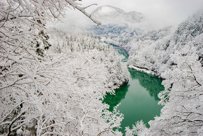 Aerial view of river amidst snowcapped mountains