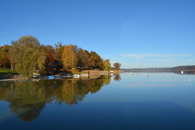 Scenic view of lake against blue sky