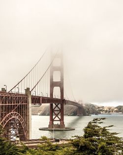 Suspension bridge over river in city