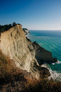 Rock formations in sea against clear blue sky