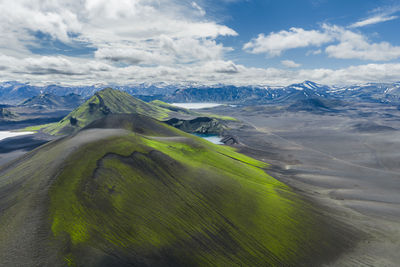 Aerial view of snowcapped mountains against sky